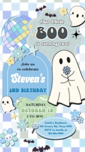 96BD Boy Retro Groovy Ghost Little Boo Birthday Invitation Mobile C: 96BD Boy Retro Groovy Ghost Little Boo Birthday Invitation