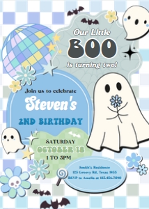 96BD Boy Retro Groovy Ghost Little Boo Birthday Invitation C: 96BD Boy Retro Groovy Ghost Little Boo Birthday Invitation