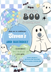 96BD Boy Retro Groovy Ghost Little Boo Birthday Invitation design preview