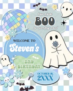 96BD Boy Retro Groovy Ghost Little Boo Birthday Party Welcome Sign 16x20 C: 96BD Boy Retro Groovy Ghost Little Boo Birthday Welcome Sign