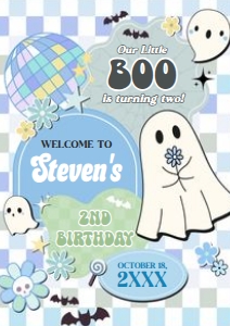 96BD Boy Retro Groovy Ghost Little Boo Birthday Party Welcome Sign A3 C: 96BD Boy Retro Groovy Ghost Little Boo Birthday Welcome Sign