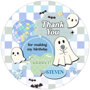 96BD Boy Retro Groovy Ghost Little Boo Birthday Round Favor Tag design preview