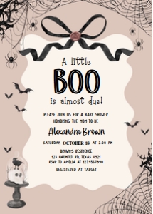 1121 Black Bow Halloween Girl A Little Boo Baby Shower Invitation Set design preview