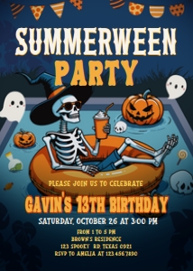 107BD Skeleton Summerween Birthday Party Invitation A: 107BD Skeleton Summerween Birthday Party Invitation