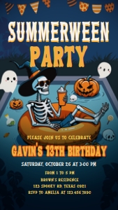 107BD Skeleton Summerween Birthday Party Invitation Mobile A (S): 107BD Skeleton Summerween Birthday Party Invitation