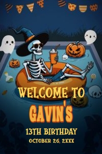 107BD Skeleton Summerween Birthday Party Welcome Sign 24x36 A: 107BD Skeleton Summerween Birthday Party Welcome Sign
