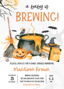 1148 Baby is Brewing Halloween Baby Shower Invitation Set design preview