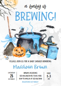 1148 Blue Baby is Brewing Halloween Baby Shower Invitation Set design preview