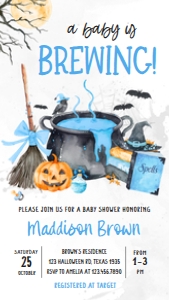 1148 Blue Baby is Brewing Halloween Baby Shower Mobile Invitation B (S): 1148 Blue Baby is Brewing Halloween Baby Shower Invitation Set