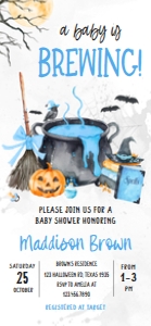 1148 Blue Baby is Brewing Halloween Baby Shower Mobile Invitation B (FS): 1148 Blue Baby is Brewing Halloween Baby Shower Invitation Set