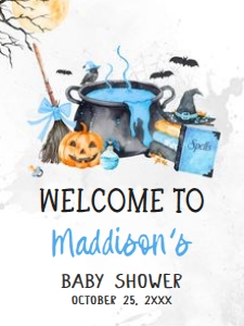 1148 Blue Baby is Brewing Halloween Baby Shower Welcome Sign 18x24 B: 1148 Blue Baby is Brewing Halloween Baby Shower Welcome Sign