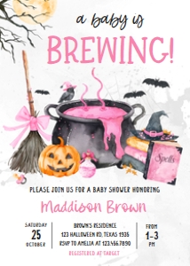 1148 Pink Baby is Brewing Halloween Baby Shower Invitation C: 1148 Pink Baby is Brewing Halloween Baby Shower Invitation