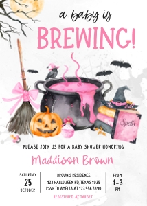 1148 Pink Baby is Brewing Halloween Baby Shower Invitation design preview
