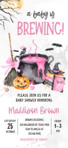 1148 Pink Baby is Brewing Halloween Baby Shower Mobile Invitation C (FS): 1148 Pink Baby is Brewing Halloween Baby Shower Invitation