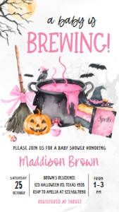 1148 Pink Baby is Brewing Halloween Baby Shower Mobile Invitation C (S): 1148 Pink Baby is Brewing Halloween Baby Shower Invitation