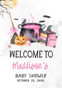 1148 Pink Baby is Brewing Halloween Baby Shower Welcome Sign A4 C: 1148 Pink Baby is Brewing Halloween Baby Shower Welcome Sign