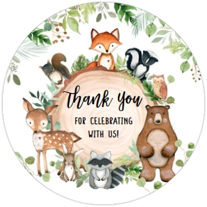401 Wood Slice Woodland Animals Baby Shower Round Favor Tag: 401 Wood Slice Woodland Animals Baby Shower Mega Bundle
