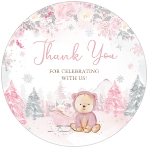 521 Pink Winter Bear Baby Shower Round Favor Tag: 521 Pink Winter Bear Baby Shower Mega Bundle
