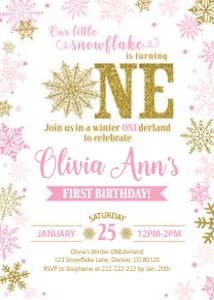 Winter Onederland Invitation 5x7 Pink and Gold: Winter Onederland Invitation 5x7 Pink & Gold