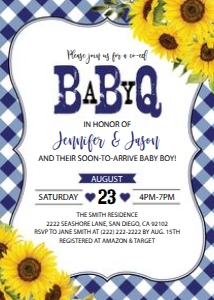 Baby Q Invitation Sunflowers Navy: Baby Q Invitation Sunflowers Navy Blue