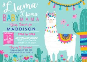 Llama Teal Baby Shower Invitation design preview