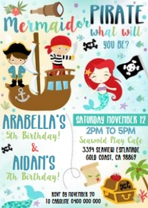 Pirate Mermaid Joint Birthday Invitation Blue design preview