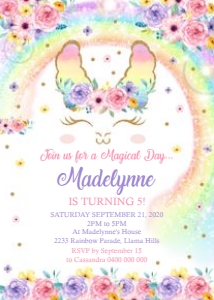 Llama Rainbow Invitation design preview