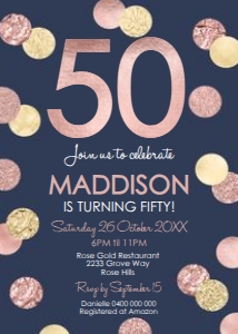 Rose Gold Navy 50th Birthday Invitation design preview