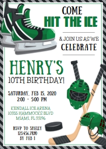 Hockey Birthday Invitation - Green: Green Hockey Birthday Invite
