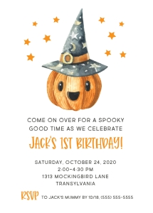 Pumpkin in Witch Hat Birthday Invitation design preview