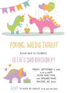 Girl Dino_Young Wild & 3 Birthday Invitation design preview