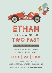 Race Car 2nd Birthday Invitation design preview