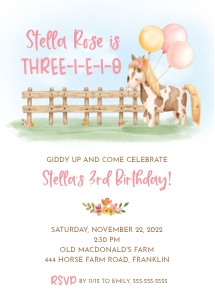 Three-i-e-i-o Horse Birthday Invitation design preview