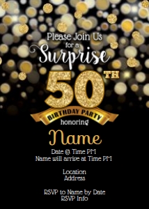 Surprise Birthday Invite 5x7 (gold bokeh): Surprise Birthday Invite 5x7 (gold bokeh)