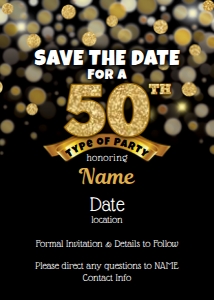 Gold Bokeh on Black 5x7 Save the Date Invitation: Gold Bokeh on Black 5x7 Save the Date Invitation