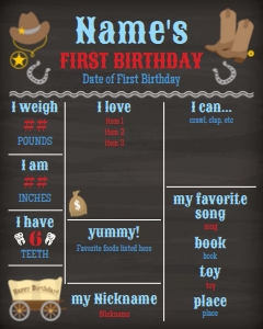 Cowboy First Birthday Stats 16x20 (chalk) design preview
