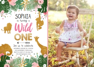 Birthday Invitation Safari Animals Wild One Girl - With Photo design preview