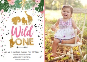 Birthday Invitation Safari Animals Wild One Girl V3 Photo design preview