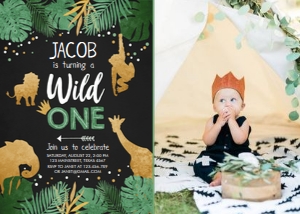 Birthday Invitation Safari Animals Wild One Chalk - With Photo design preview