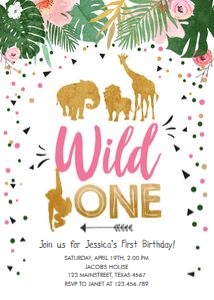 Birthday Invitation Safari Animals Wild One Girl v3 design preview