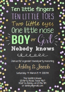 Gender Reveal Invitation Confetti Green Purple design preview