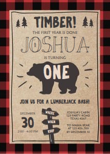 Birthday Invitation Lumberjack Brown Bear One design preview