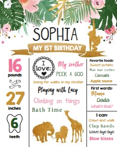 Birthday Milestones Sign Safari Animals Wild One Girl design preview