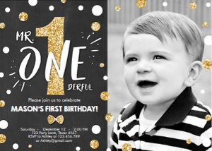 Birthday Invitation Mr Onederful Black Gold - With photo design preview