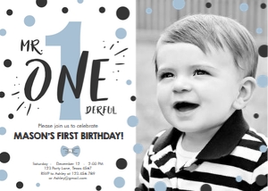 Birthday Invitation Mr Onederful White Blue - With photo design preview