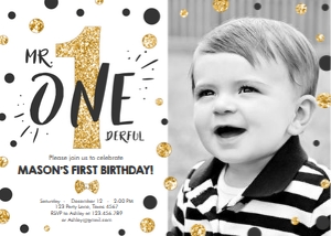 Birthday Invitation Mr Onederful White Gold - With photo design preview