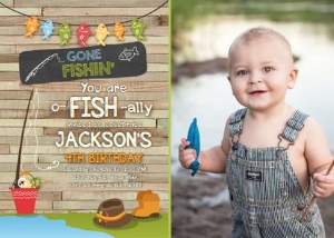Birthday Invitation Gone Fishing Wood Photo design preview