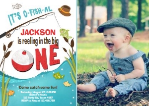 Birthday Invitation Fishing One White - With Photo design preview