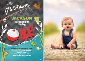 Birthday Invitation Fishing One Black - With Photo design preview