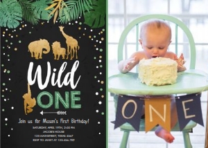 Birthday Invitation Safari Animals Wild One Chalk v3 - With photo design preview